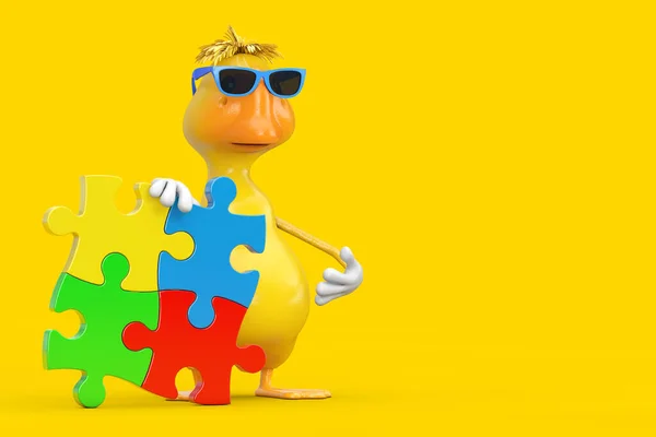可爱的黄色卡通鸭人物形象吉祥物与四个彩色拼图拼图拼图的黄色背景 3D渲染 — 图库照片
