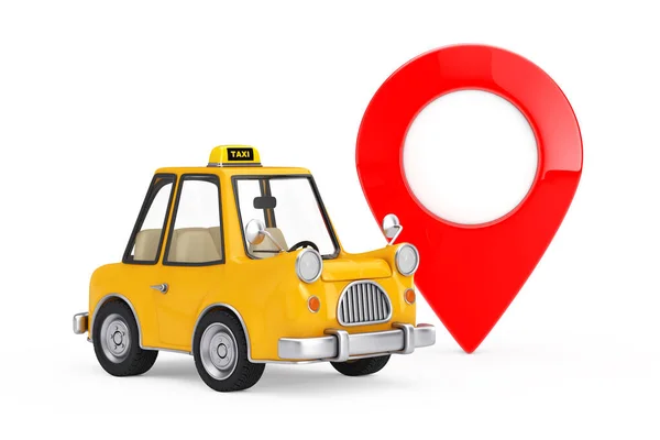 黄色卡通出租车 红色地图指向目标 白色背景 3D渲染 — 图库照片