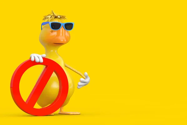 Cute Yellow Cartoon Duck Person Character Mascot Red Απαγόρευση Απαγορευμένη — Φωτογραφία Αρχείου