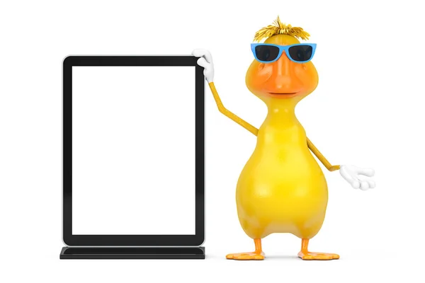 Mascote Personagem Pato Desenho Animado Amarelo Bonito Com Exibição Comércio — Fotografia de Stock