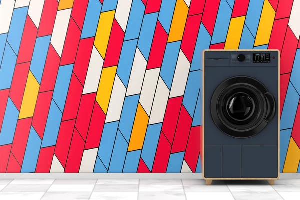 要旨現代的なファッション抽象的なカラフルな幾何学ブロック形状の壁の極端なクローズアップの前にエレガントな木製の洗濯機 3Dレンダリング — ストック写真