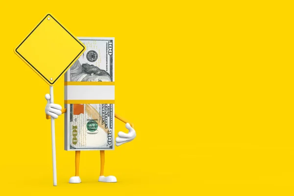 百元钞票堆栈人物形象吉祥物和黄色路标 黄色背景为您的设计留有空隙 3D渲染 — 图库照片