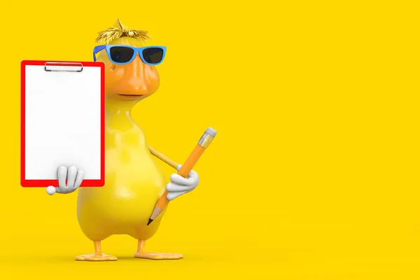 Cute Yellow Cartoon Duck Person Character Mascot with Red Plastic Clipboard, Paper and Pencil on a yellow background. 3d Rendering