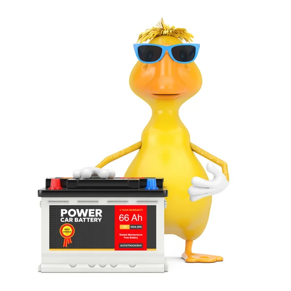 Cute Yellow Cartoon Duck Person Character Mascot and Rechargeable Car Battery 12V Accumulator with Abstract Label on a yellow background. 3d Rendering