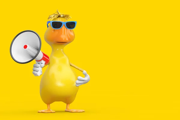 可爱的黄色卡通鸭人物形象吉祥物与红色复古大喇叭黄色背景 3D渲染 — 图库照片