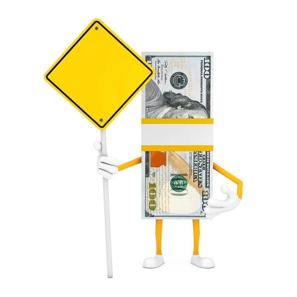 百元钞票堆栈人物形象吉祥物和黄色路标 白色背景为您的设计留有空隙 3D渲染 — 图库照片