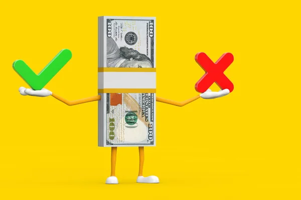 堆积如山的百元钞票人物形象吉祥物与红十字会和绿色支票标记 确认或否认 是或没有图标的黄色背景 3D渲染 — 图库照片