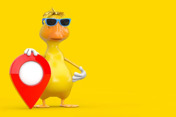 Cute Yellow Cartoon Duck Character Mascot Red Map Pointer Target — Φωτογραφία Αρχείου