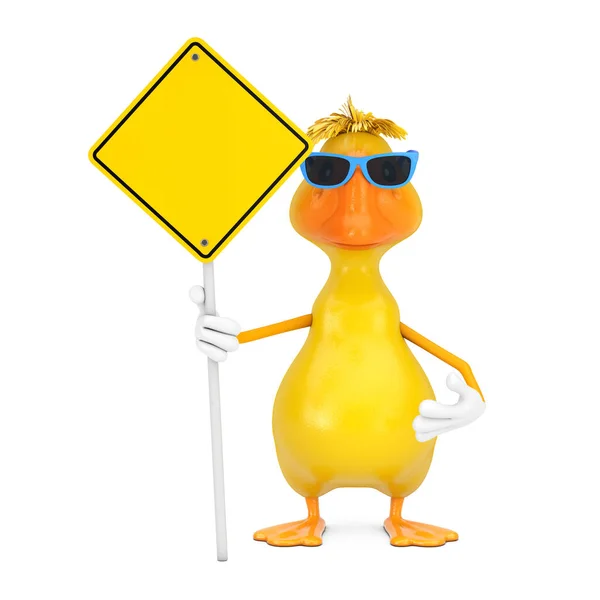 Cute Yellow Cartoon Duck Character Mascot Yellow Road Sign Free — Φωτογραφία Αρχείου