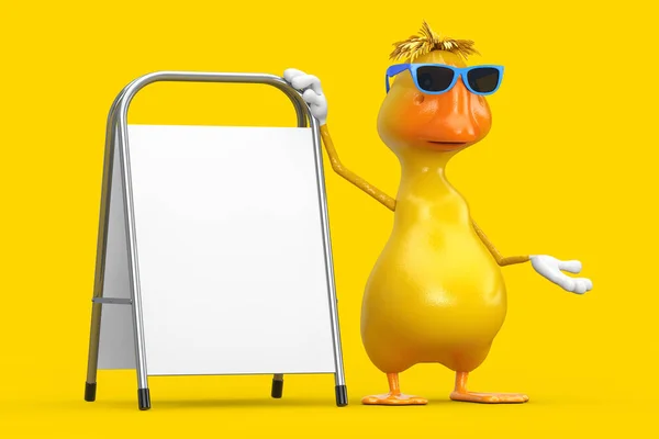 可爱的黄色卡通鸭人物形象吉祥物与白色空白广告推广站在黄色背景 3D渲染 — 图库照片