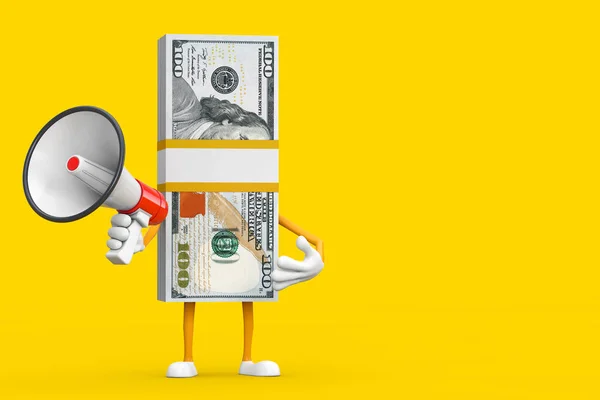 一堆堆一百美元钞票人物吉祥物 黄色背景上有红色复古扩音器 3D渲染 — 图库照片