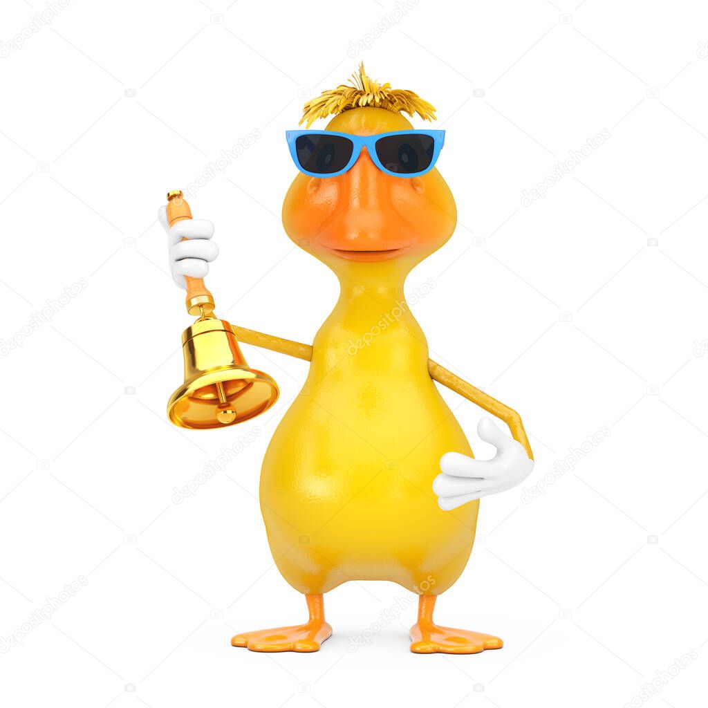 Cute Yellow Cartoon Duck Person Character Mascot with Vintage Golden School Bell on a white background. 3d Rendering