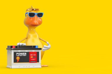 Şirin Sarı Çizgi Film Ördek Kişisi Maskotu ve Soyut Etiketli Şarj Edilebilir Araba Bataryası 12V Acülatörü. 3d Hazırlama