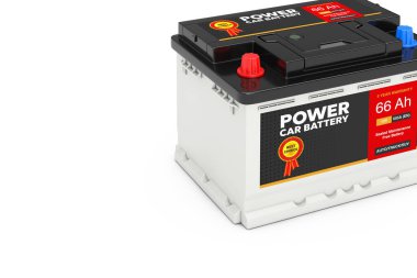 Şarj edilebilir Araç Bataryası 12V Acülatörü ve soyut etiketli beyaz arka plan aşırı yakın plan. 3d Hazırlama