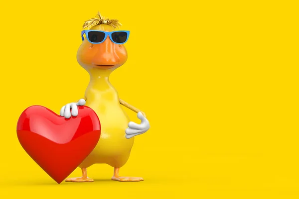 Cute Yellow Cartoon Duck Person Character Mascot Red Heart Yellow — Stock Photo, Image