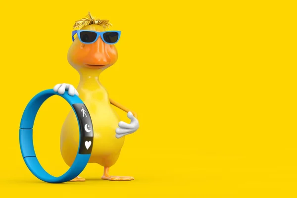 Cute Yellow Cartoon Duck Person Character Mascot with Blue Fitness Tracker on a yellow background. 3d Rendering