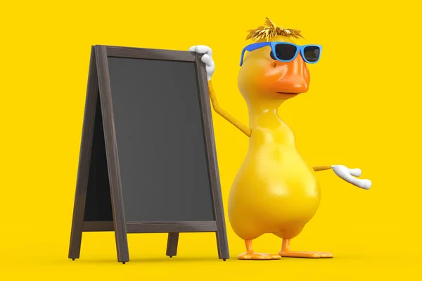 Cute Yellow Cartoon Duck Character Mascot Blank Wooden Menu Blackboards — Φωτογραφία Αρχείου