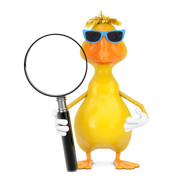 Cute Yellow Cartoon Duck Person Character Mascot Magnifying Glass Білому — стокове фото