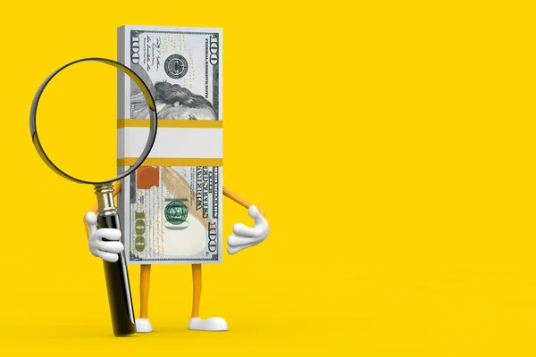 堆积如山的一百美元钞票人物吉祥物与黄色背景的放大镜 3D渲染 — 图库照片