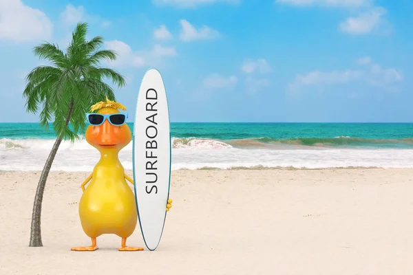 Cute Yellow Cartoon Duck Persona Personaje Mascota Con Tabla Surf —  Fotos de Stock