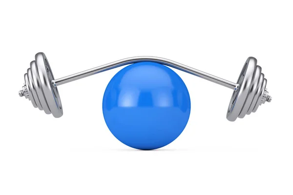 健康与饮食概念 在白色背景上的蓝色健身大球上进行举重的弯曲杠铃或哑铃 3D渲染 — 图库照片