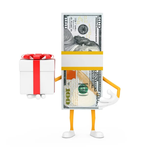 堆积如山的百元钞票人物吉祥物 白色背景上有礼品盒和红丝带 3D渲染 — 图库照片