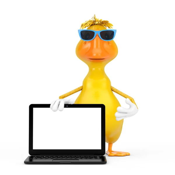 Linda Mascota Personaje Persona Pato Dibujos Animados Amarillos Con Computadora —  Fotos de Stock