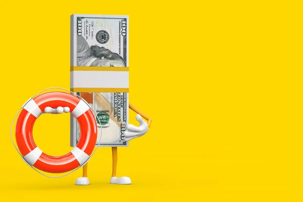 堆积如山的一百美元钞票人物吉祥物与生活浮标黄色背景 3D渲染 — 图库照片