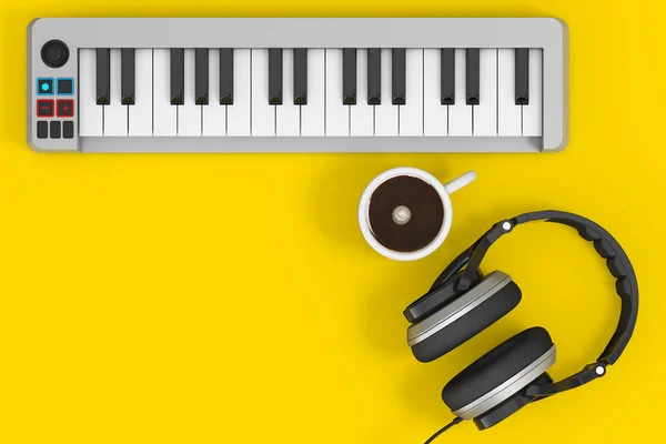 带耳机的数码钢琴合成器和黄色背景的咖啡杯 3D渲染 — 图库照片