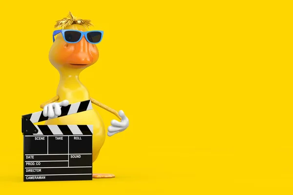 Cute Yellow Cartoon Duck Person Character Mascot with Movie Clapper Board on a yellow background. 3d Rendering