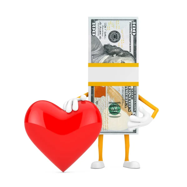 Stack One Hundred Dollar Bills Person Character Mascot Red Heart — Stock Photo, Image