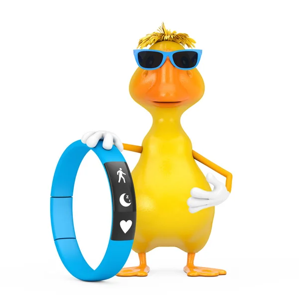 Cute Yellow Cartoon Duck Person Character Mascot with Blue Fitness Tracker on a white background. 3d Rendering