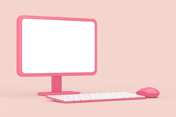 Abstrakcyjny Różowy Komputer Stacjonarny Kreskówka Myszą Klawiatura Pusty Ekran Projektowania — Zdjęcie stockowe