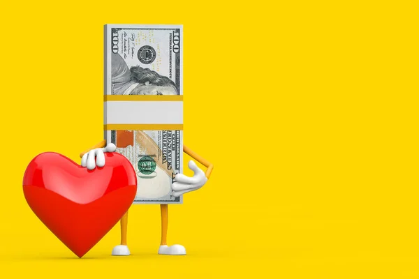 Στοίβα Του Εκατό Δολάρια Λογαριασμοί Πρόσωπο Μασκότ Χαρακτήρα Κόκκινη Καρδιά — Φωτογραφία Αρχείου