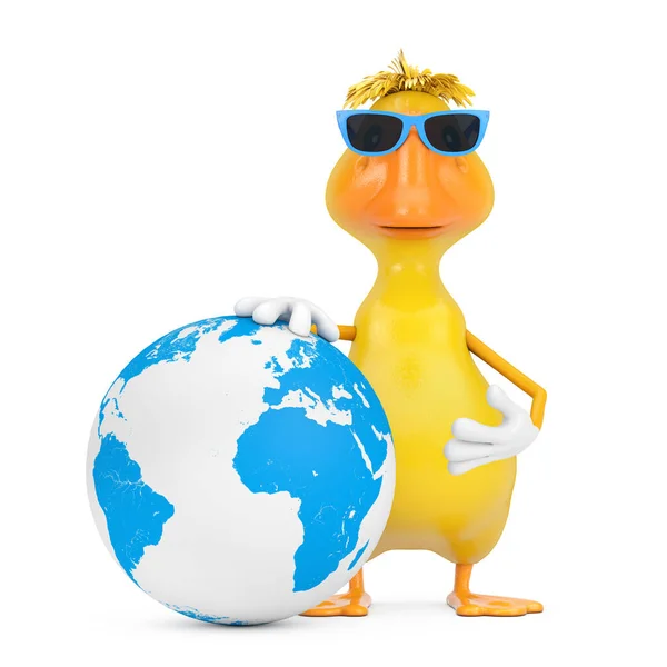 Cute Yellow Cartoon Duck Person Μασκότ Χαρακτήρα Globe Λευκό Φόντο — Φωτογραφία Αρχείου