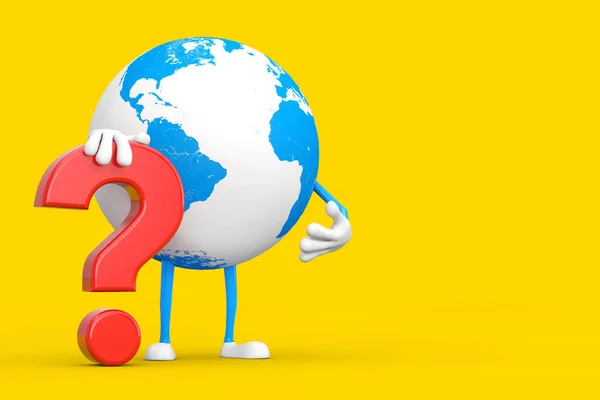 地球人物形象吉祥物 黄色背景上有红色问号标志 3D渲染 — 图库照片