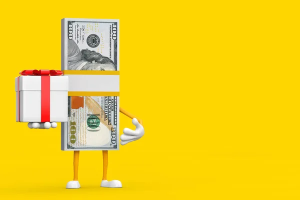 堆积如山的百元钞票人物吉祥物 背景是黄色的礼品盒和红丝带 3D渲染 — 图库照片