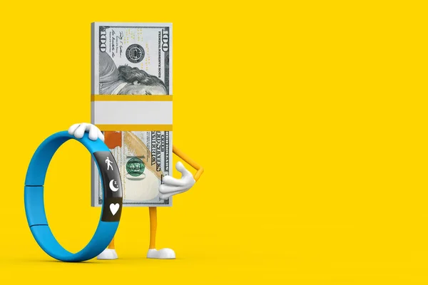 堆积如山的一百美元钞票人物吉祥物与蓝色健康跟踪黄色背景 3D渲染 — 图库照片