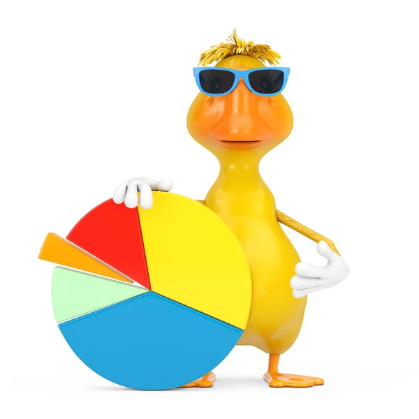 Cute Yellow Cartoon Duck Person Character Mascot with Info Graphics Business Pie Chart on a white background. 3d Rendering