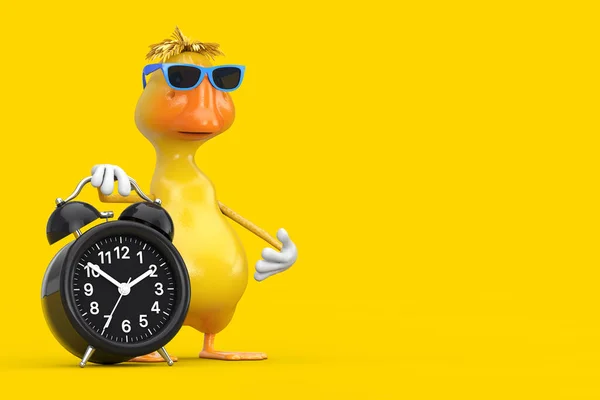 可爱的黄色卡通鸭人物吉祥物与黄色背景的闹钟 3D渲染 — 图库照片