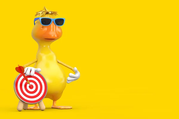 Cute Yellow Cartoon Duck Person Μασκότ Χαρακτήρας Τοξοβολία Στόχος Και — Φωτογραφία Αρχείου