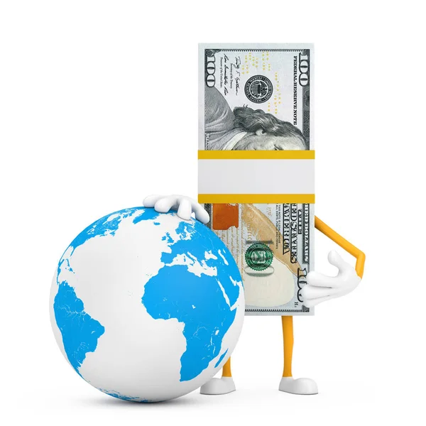 堆积如山的一百美元钞票人物形象吉祥物与地球环球白色背景 3D渲染 — 图库照片