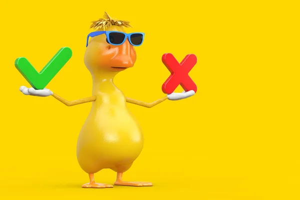 Cute Yellow Cartoon Duck Person Character Mascot Red Cross Green — Φωτογραφία Αρχείου