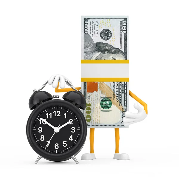 100 Dollar Bills Person Character Mascot 배경에 Alarm Clock 렌더링 — 스톡 사진