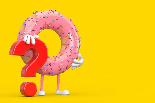大草莓粉红甜甜圈人物吉祥物 黄色背景上有红色问号标志 3D渲染 — 图库照片