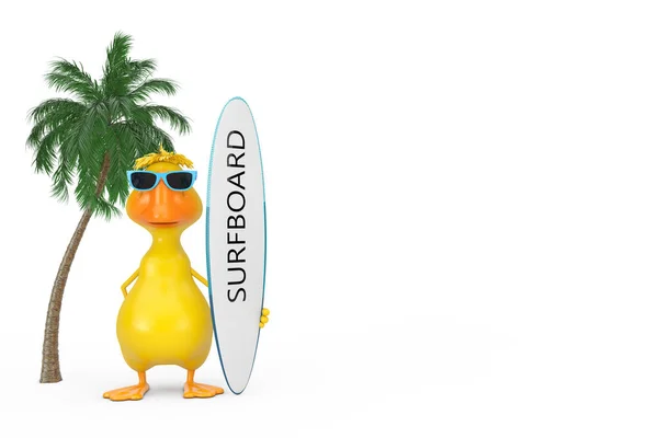 Cute Yellow Cartoon Duck Persona Personaje Mascota Con Tabla Surf —  Fotos de Stock