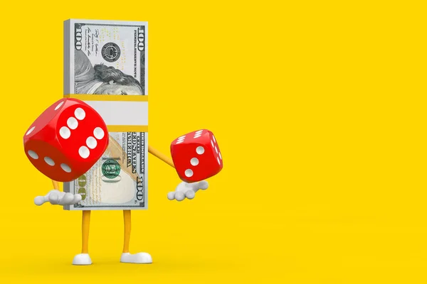 堆积如山的一百美元钞票人物吉祥物与红色游戏骰子在飞行中的立方体黄色背景 3D渲染 — 图库照片
