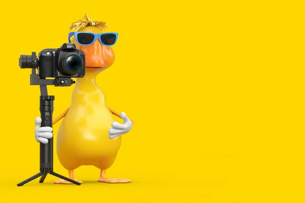 Cute Yellow Cartoon Duck Person Character Mascot with DSLR or Video Camera Gimbal Stabilization Tripod System on a white background. 3d Rendering