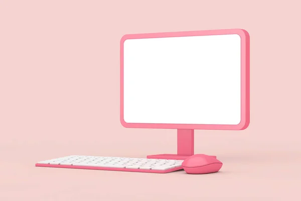 Abstrakcyjny Różowy Komputer Stacjonarny Kreskówka Myszą Klawiatura Pusty Ekran Projektowania — Zdjęcie stockowe
