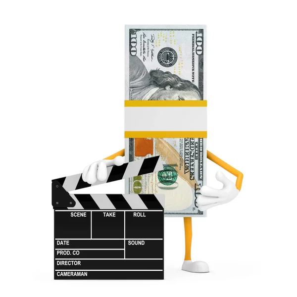 Stack Hundra Dollar Bills Person Character Mascot Med Movie Clapper — Stockfoto